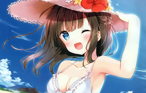 Girl, sexy, cleavage, beach, long hair, sea, boobs, anime