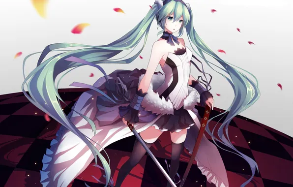 Picture girl, weapons, katana, petals, dress, vocaloid, hatsune miku, Vocaloid