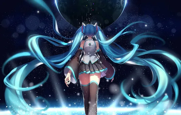 Girl, earth, back, planet, anime, art, vocaloid, hatsune miku