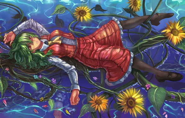 Water, girl, sunflowers, flowers, anime, art, touhou, kazami yuuka