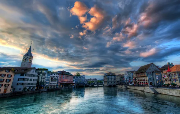 Picture the sky, clouds, bridge, river, watch, tower, home, Switzerland