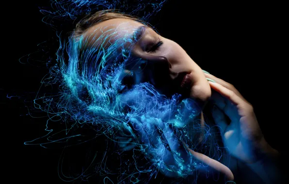 Girl, light, line, blue, abstraction, face, pose, eyelashes