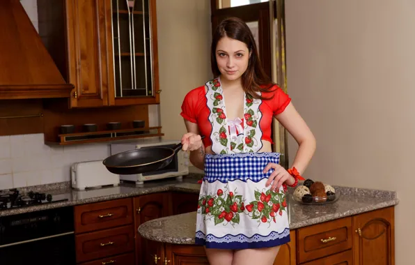 Girl, model, cute, kitchen, apron, frying pan