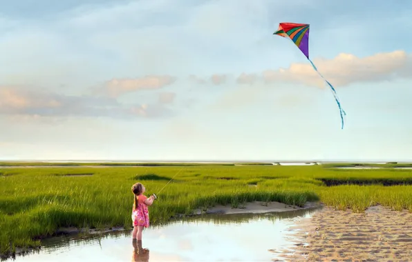 Picture sea, summer, the wind, shore, girl, Go fly a kite