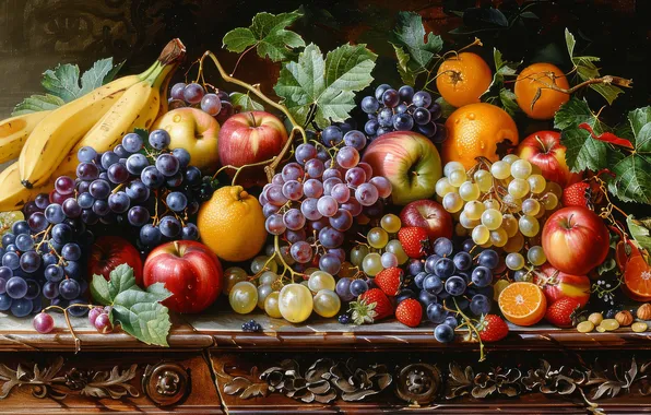 Leaves, berries, raspberry, the dark background, table, apples, oranges, strawberry