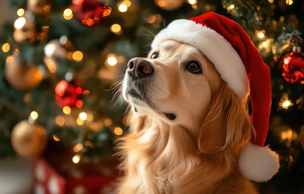 Dog, Christmas, New year, Retriever, Christmas tree, the Santa hat, AI art, neural network