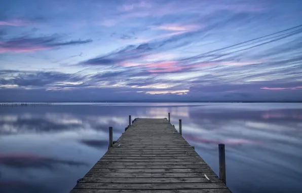 Picture sea, the sky, water, clouds, surface, reflection, the evening, wooden