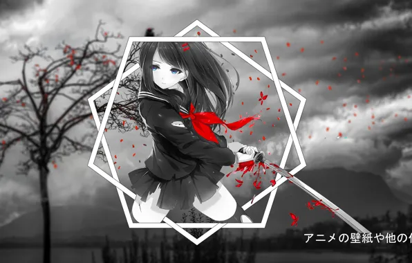 Tree, anime, petals, geometric figure, anime girl, madskillz, madskillz