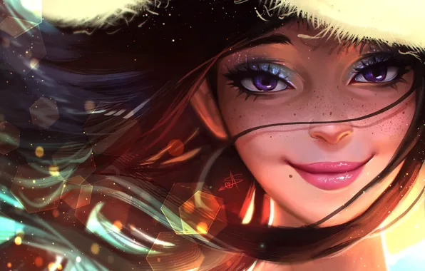 Picture summer, eyes, girl, face, smile, hair, hat, art