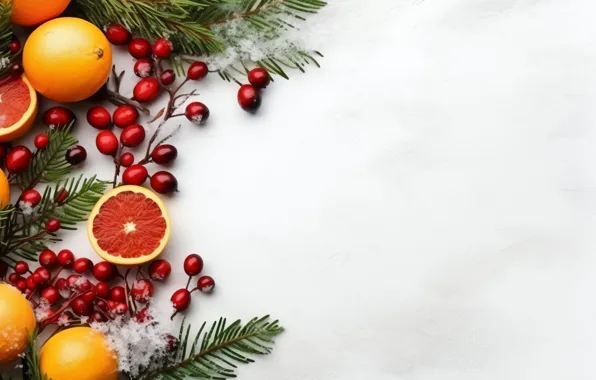 Branches, oranges, Christmas, white background, New year, fruit, needles, circles