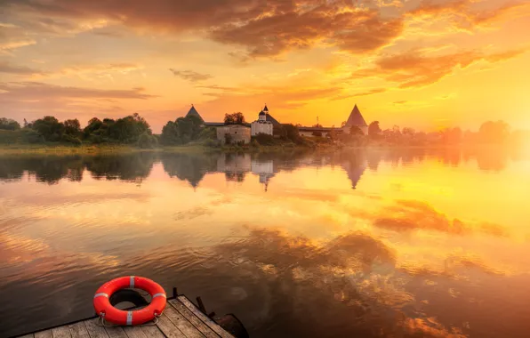 Picture landscape, nature, river, dawn, village, morning, pier, fortress