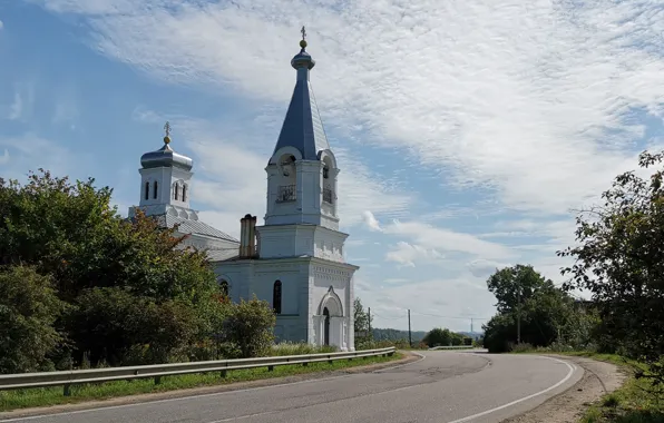 The sky, Nature, Clouds, Road, Grass, Trees, Church, Summer