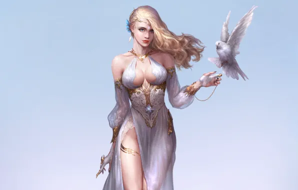 Girl, Figure, Dove, Bird, Blonde, Style, Girl, Dress
