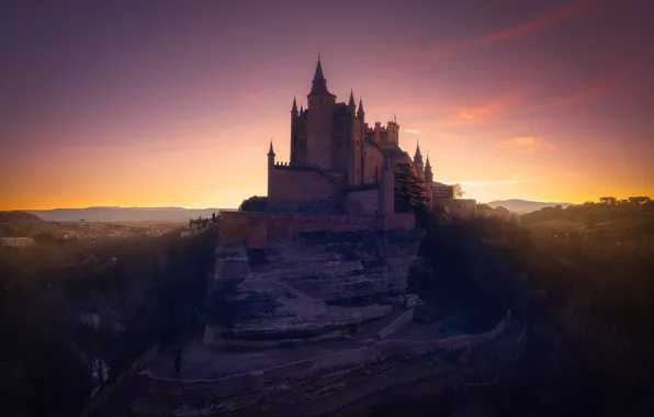 The sky, sunset, castle, rocks, dawn, hills, view, height
