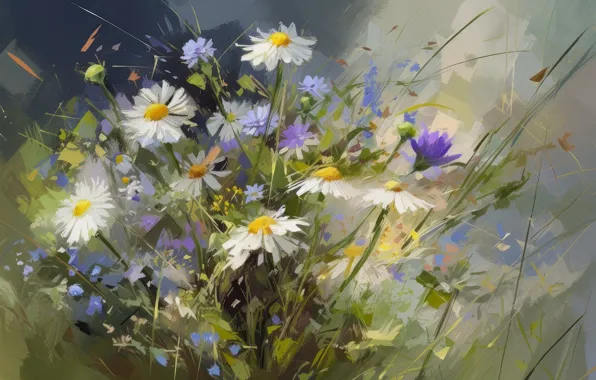 Flowers, chamomile, bouquet, picture, painting, field, imitation painting, AI art