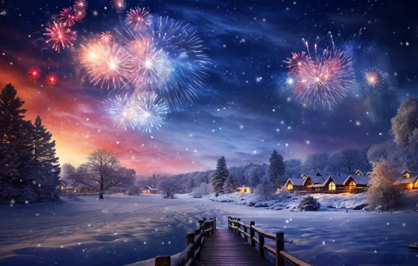 Winter, snow, night, lights, new year, salute, village, Christmas