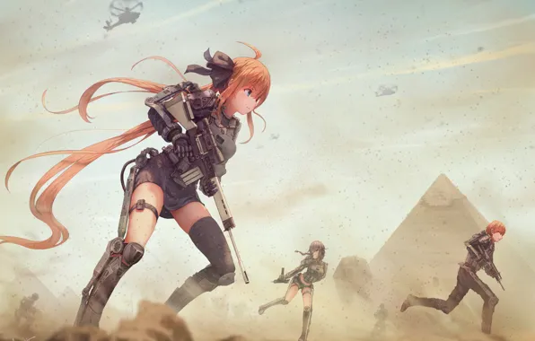 Sand, weapons, girls, war, dust, guy, anime, art
