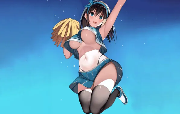 Girl, sexy, cleavage, thighhighs, long hair, boobs, anime, blue eyes