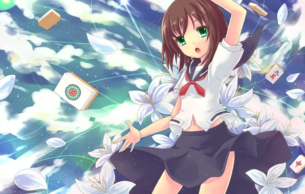 Picture look, girl, flowers, surprise, schoolgirl, gesture, art, saki