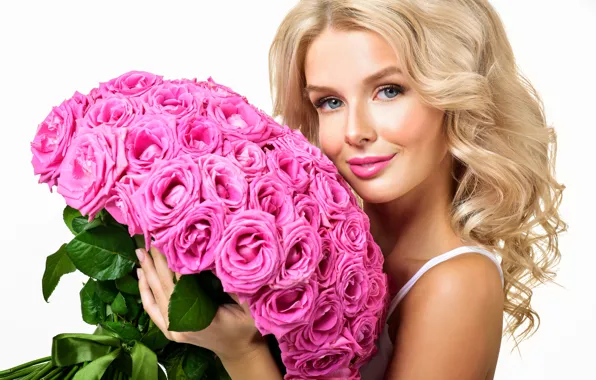 Picture look, girl, smile, roses, bouquet, Blondie