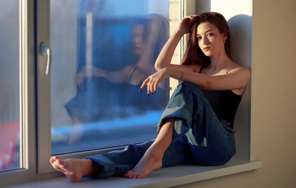 Look, girl, pose, reflection, feet, jeans, hands, window