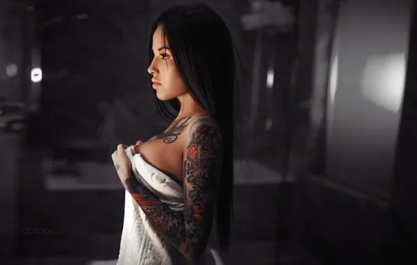 Girl, makeup, brunette, tattoo, hairstyle, profile, twilight, beautiful