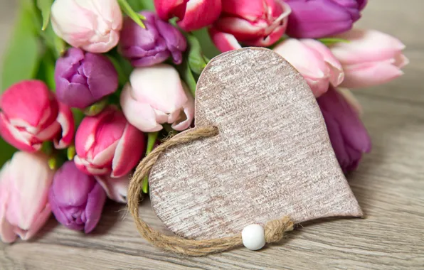 Picture flowers, heart, bouquet, tulips, love, heart, wood, pink