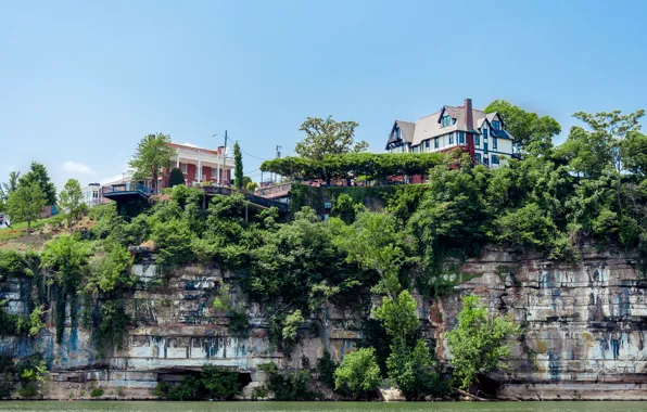 The sky, grass, rock, house, river, tree, cloud, USA