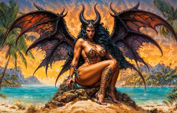 Sea, beach, wings, power, the demon, horns, sitting, demoness