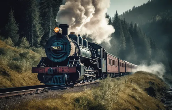 Nature, train, the engine, railroad, digital art, AI art, neural network, the art of artificial …