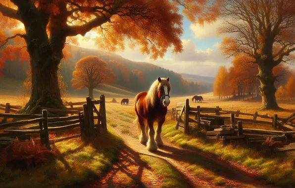 Field, autumn, forest, light, trees, horse, horse, horses