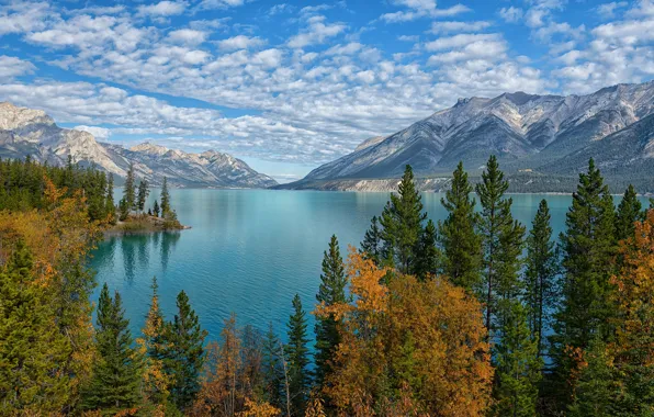 Autumn, trees, mountains, lake, Canada, Albert, Alberta, Canada