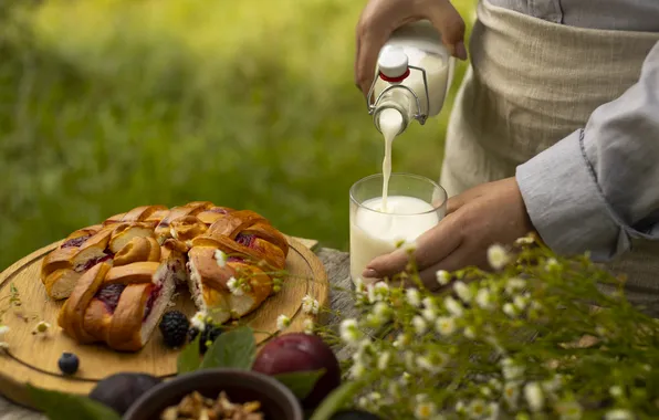 Summer, flowers, glass, berries, table, glade, woman, bottle
