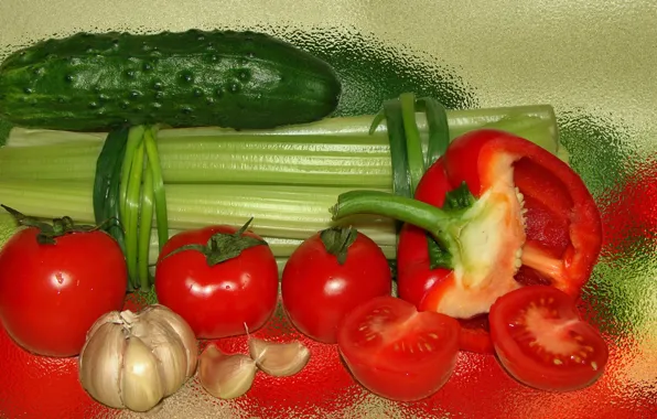 Picture Wallpaper, bow, vegetables, tomatoes, cucumbers, garlic, celery, author's photo by Elena Anikina