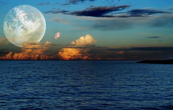 Clouds, lake, planet, the evening