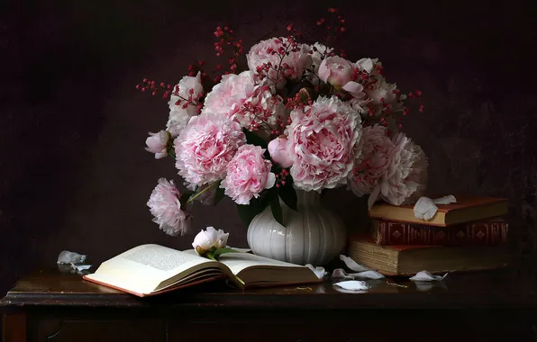 Style, books, bouquet, petals, still life, peonies