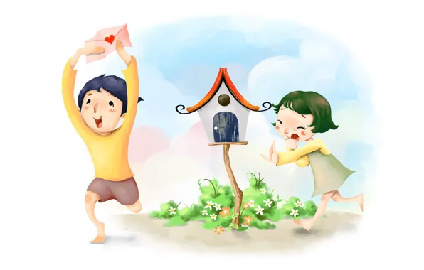 Picture clouds, flowers, figure, boy, girl, birdhouse, the envelope