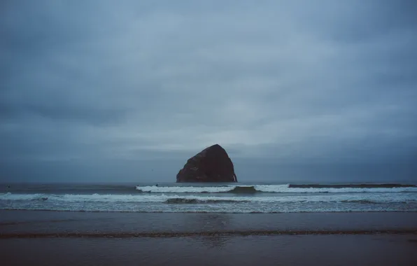 Waves, rock, beach, seascape, seaside, cloudy, surfers