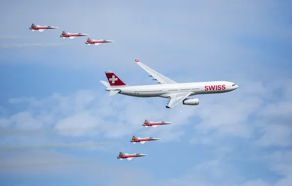 The sky, clouds, the plane, Switzerland, parade, Airbus, The A350