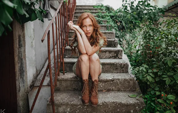 Picture dress, model, women, redhead, plants, sitting, boots, stairs