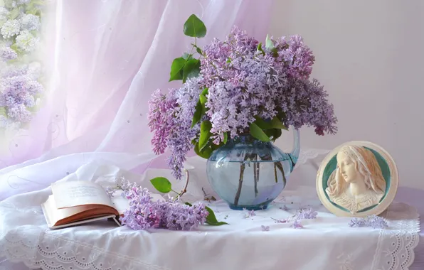 Branches, portrait, book, pitcher, still life, curtain, lilac, Valentina Fencing