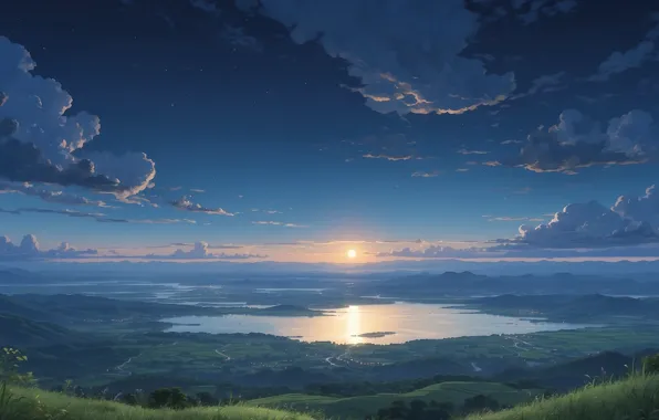 City, moon, trees, landscape, anime, night, mountains, clouds