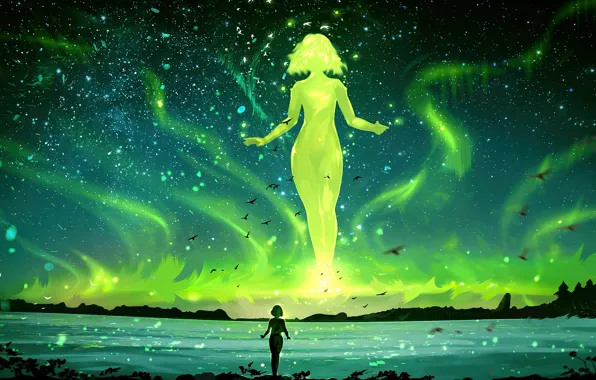 Sea, girl, stars, birds, reflection, lights, figure, horizon