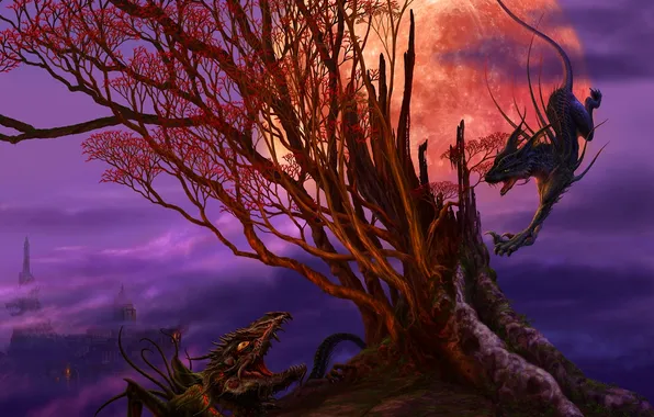 Clouds, trees, the city, the moon, dragon, art, ucchiey, if kazama uchio