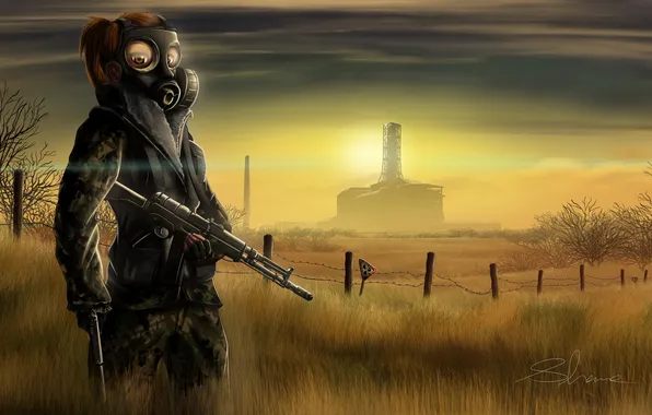 Picture girl, weapons, gas mask, Nuclear power plant, art, xzdisturbedzx