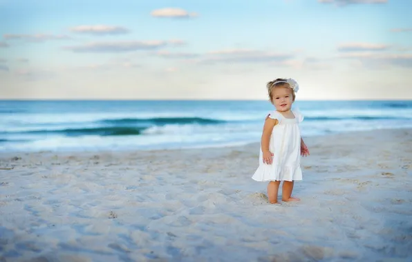 Sand, sea, wave, beach, the sky, clouds, flowers, dress