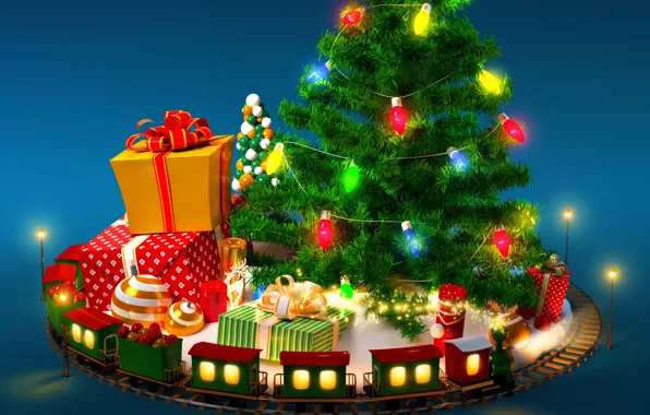 Toys, tree, gifts, train, garland