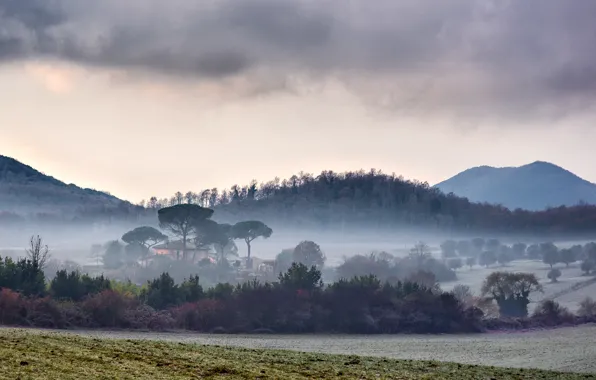 Field, mountains, fog, Italy, field, Italy, mountains, fog