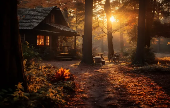 Autumn, forest, the sun, light, trees, fog, house, Park