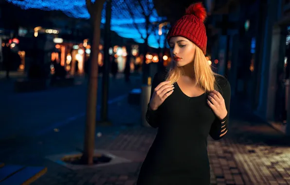 Picture road, girl, night, lights, pose, street, model, hat